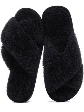 Women Black Cherry Velvet Memory Foam Fuzzy House Slipper Soft Open-Toe Slippers